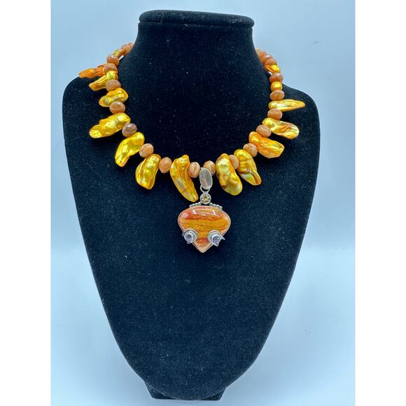Artisan Necklace, Blister Pearls, Jasper Pendant, Amethyst/Citrine/Carnelian - Picture 1 of 4